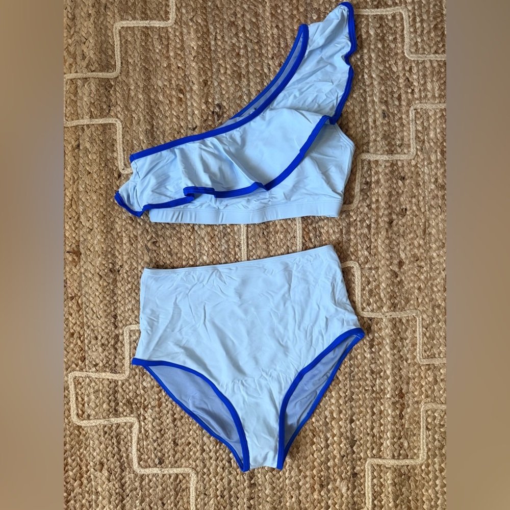 One-Shoulder Light Blue Bikini with Royal Blue Trim